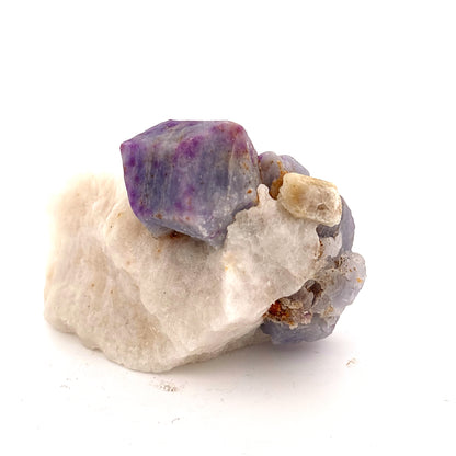 Fluorescent Hackmanite & Calcite on Quartz, Pakistan, 99.19gr