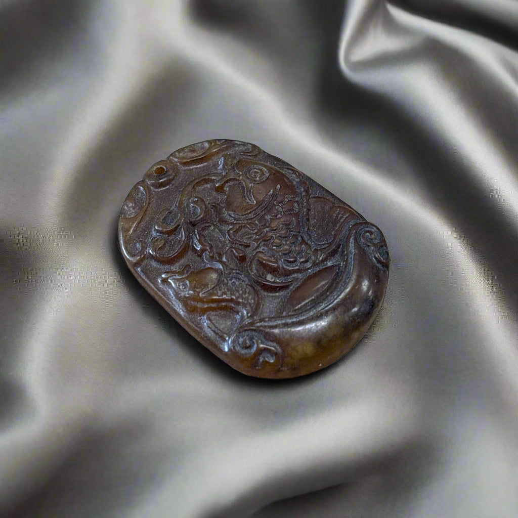 Brown Jade Fish Charm, Hand Carving, 20.8gr, 47x35x7mm