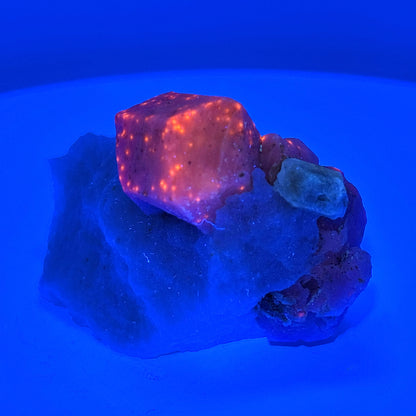 Fluorescent Hackmanite & Calcite on Quartz, Pakistan, 99.19gr