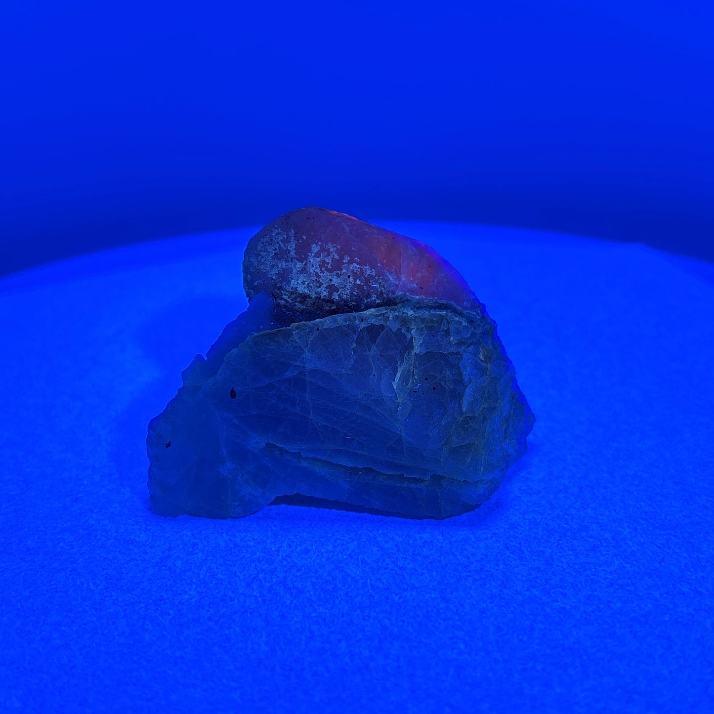 Fluorescent Hackmanite & Calcite on Quartz, Pakistan, 85.13gr