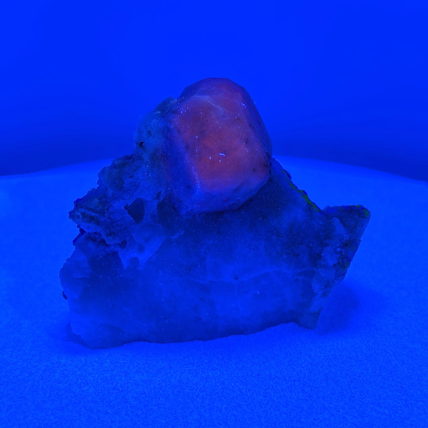 Fluorescent Hackmanite & Calcite on Quartz, 159.06gr, Pakistan