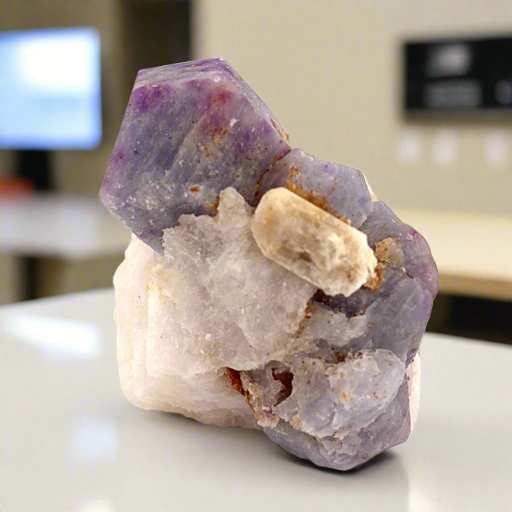 Fluorescent Hackmanite & Calcite on Quartz, Pakistan, 99.19gr