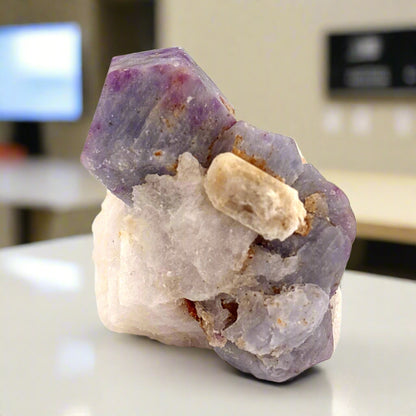 Fluorescent Hackmanite & Calcite on Quartz, Pakistan, 99.19gr