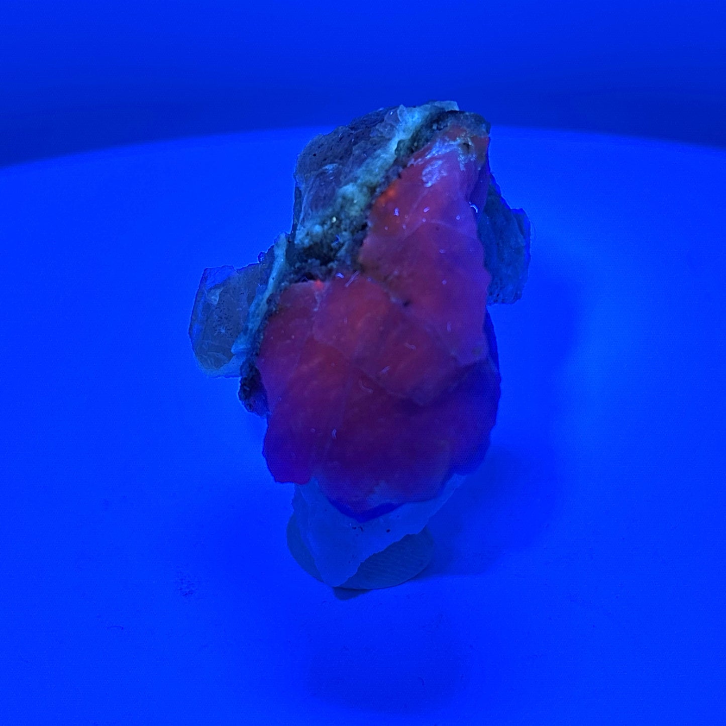 Fluorescent Hackmanite & Calcite on Quartz, Pakistan, 38.95gr