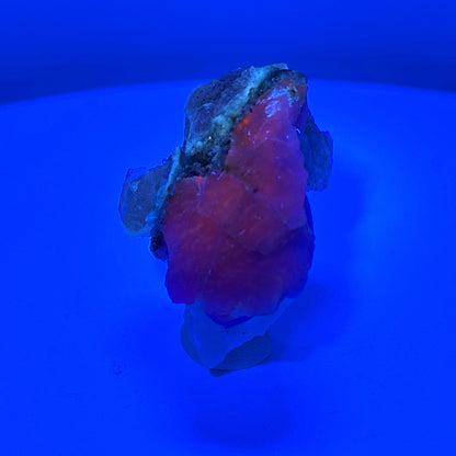 Fluorescent Hackmanite & Calcite on Quartz, Pakistan, 38.95gr