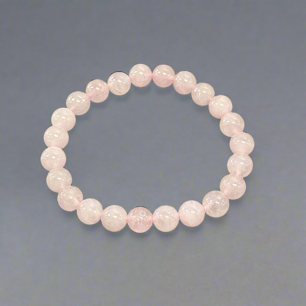8mm Round Natural Rose Quartz Bracelet - With Elastic Inner Band