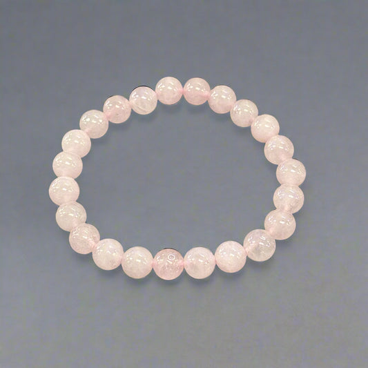 8mm Round Natural Rose Quartz Bracelet - With Elastic Inner Band