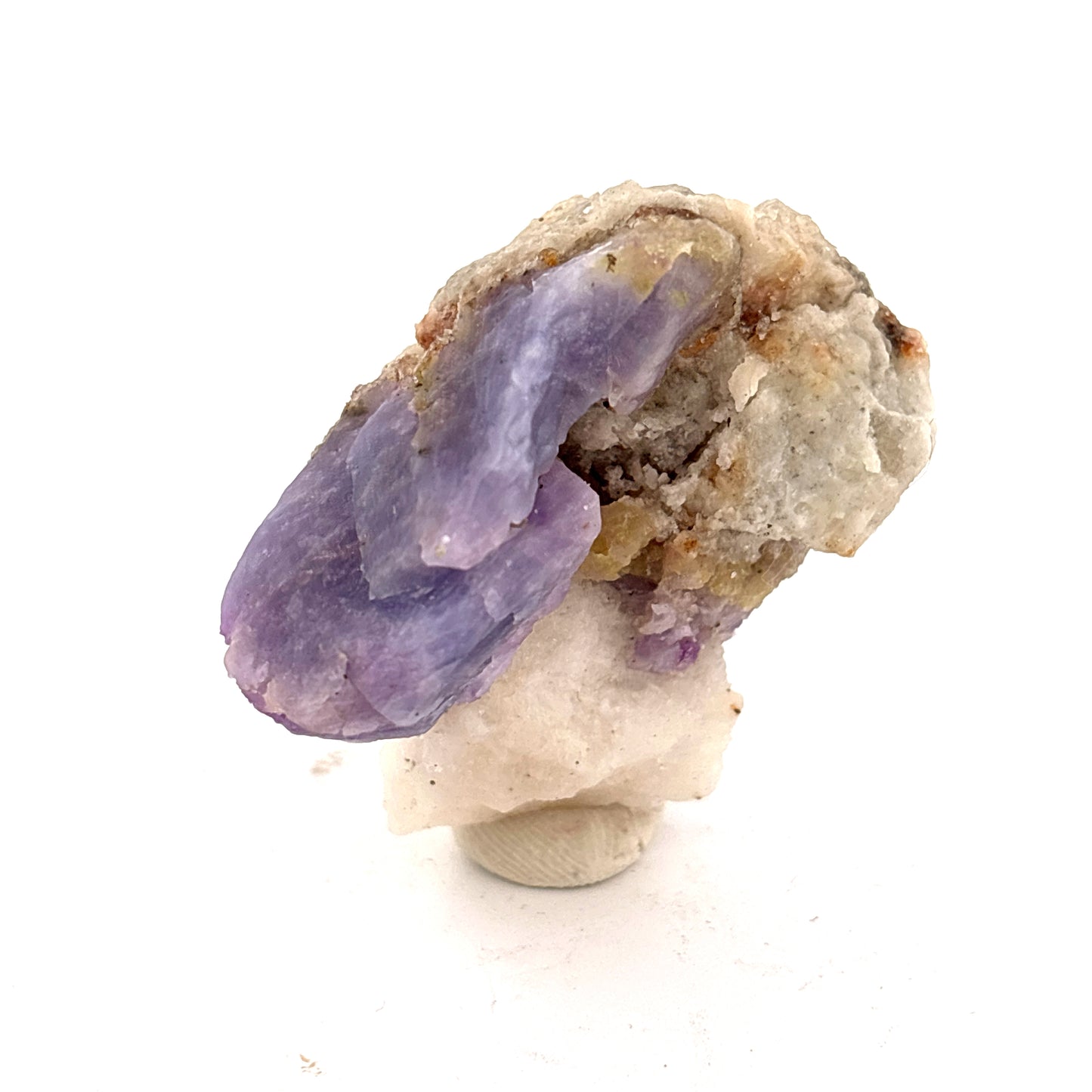 Fluorescent Hackmanite & Calcite on Quartz, Pakistan, 38.95gr