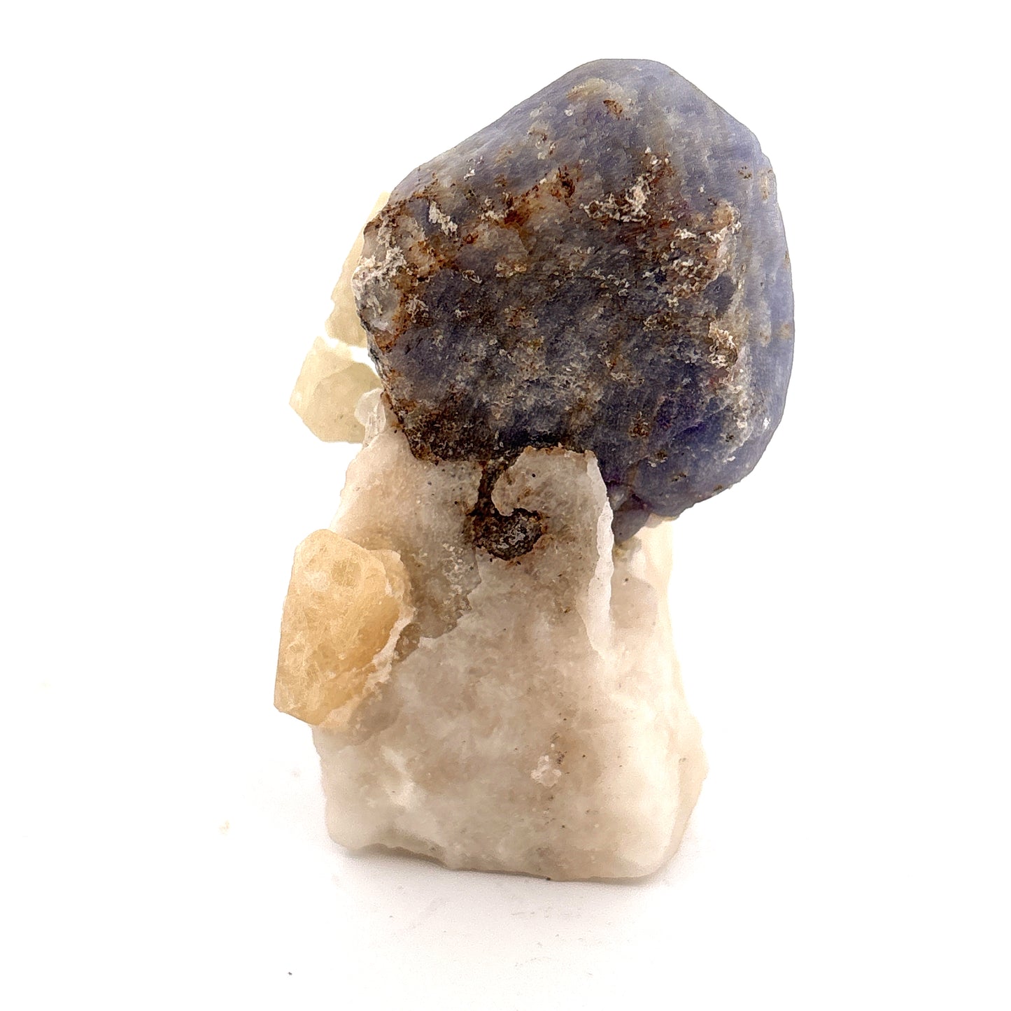 Fluorescent Hackmanite & Calcite on Quartz, Pakistan, 149.58gr