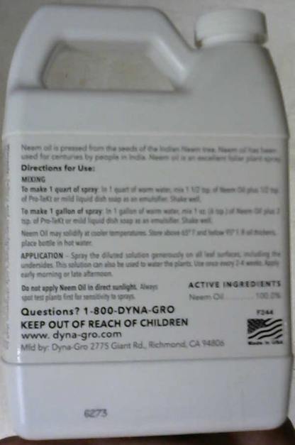 1 Dyna Pure Neem Oil 32oz ounce 1 Quart  - dyna gro fertilizer plant nutrient