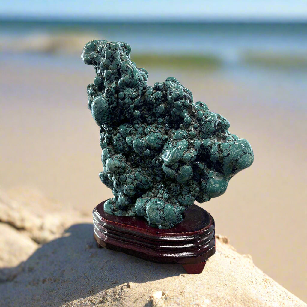 Polished Chinese Turquoise Specimen on Wood Base, 9.5" Tall, 4.57 LB