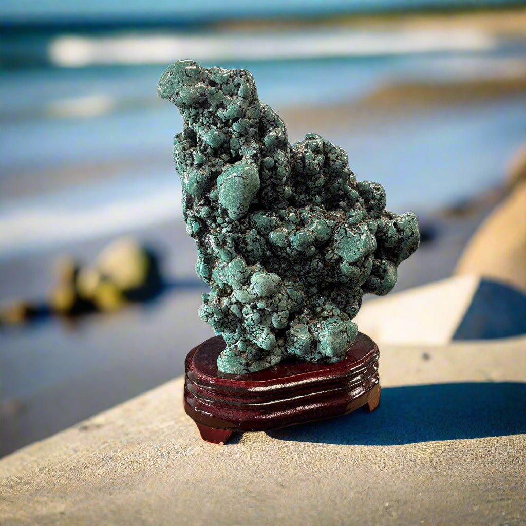 Polished Chinese Turquoise Specimen on Wood Base, 9.5" Tall, 4.57 LB