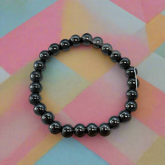 8mm Round Natural Hematite Bracelet - With Elastic Inner Band