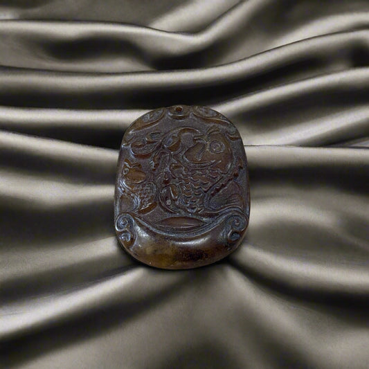 Brown Jade Fish Charm, Hand Carving, 20.8gr, 47x35x7mm