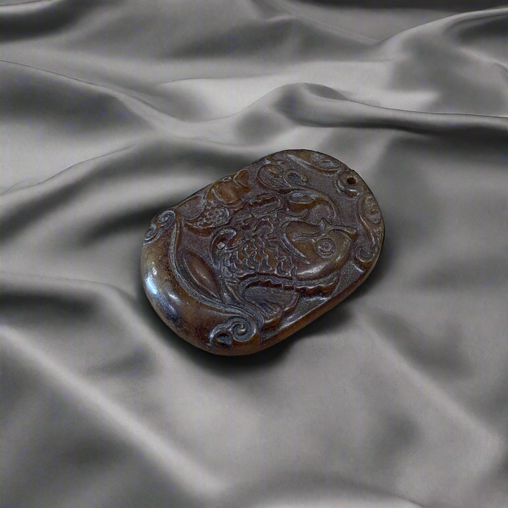 Brown Jade Fish Charm, Hand Carving, 20.8gr, 47x35x7mm
