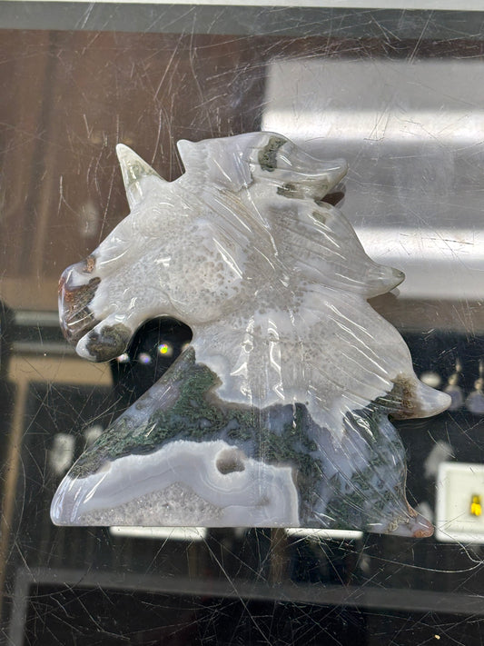 Hand Carved Agate Unicorn, 11x11x1.5cm, 271gr, Morocco