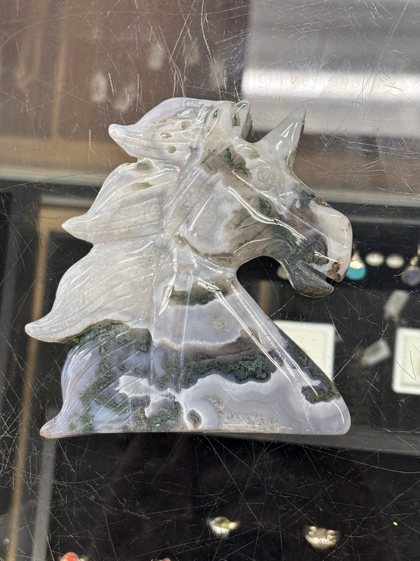 Hand Carved Agate Unicorn, 11x11x1.5cm, 271gr, Morocco