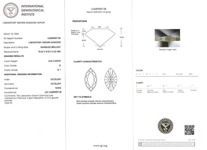 Certified Lab Grown Diamond, Marquise Brilliant, 5.04ct, G, SI1