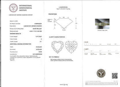 Certified Lab Grown Diamond, 1.39ct, D, SI1, Heart Shape, Excellent Cut