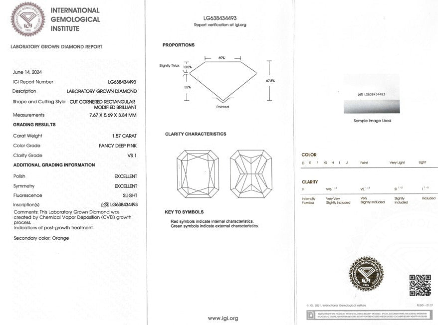 Certified Lab Grown Diamond, 1.57ct, Fany Deep Pink, VS1, Emerald Cut