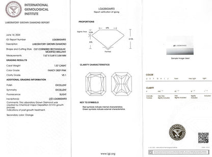 Certified Lab Grown Diamond, 1.57ct, Fany Deep Pink, VS1, Emerald Cut