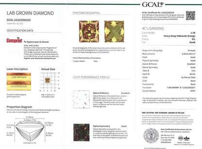 Certified Lab Grown Diamond, 1.58ct, Vivid Orange, SI1, Princess Cut
