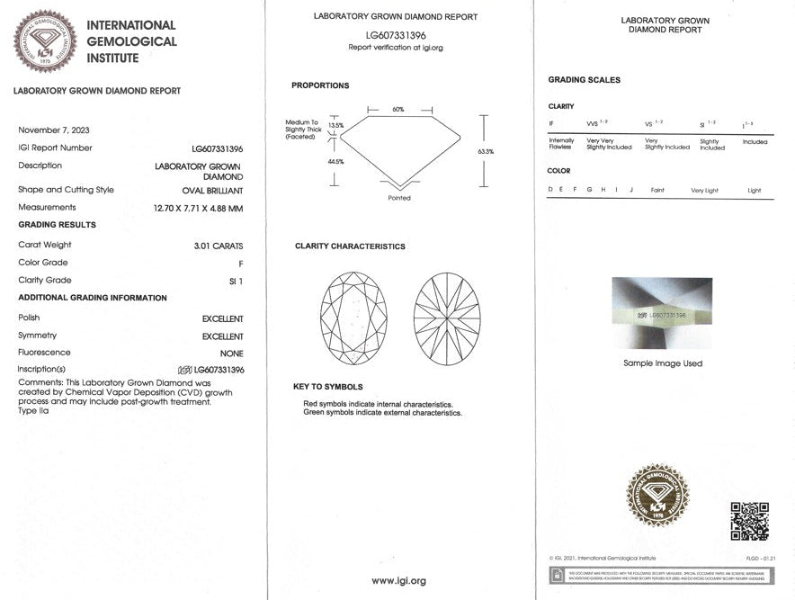 Certfied Lab Grown Diamond, 3.01ct, F, SI1, Oval