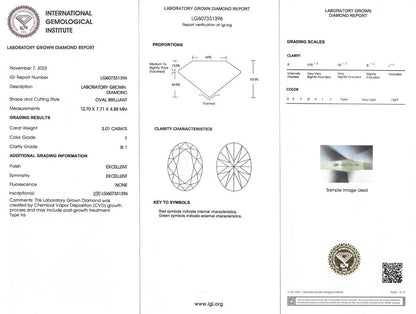 Certfied Lab Grown Diamond, 3.01ct, F, SI1, Oval