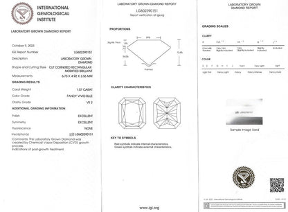 Certified Lab Grown Diamond, 1.07ct, VS2, Vibrant Blue, Emerald Cut