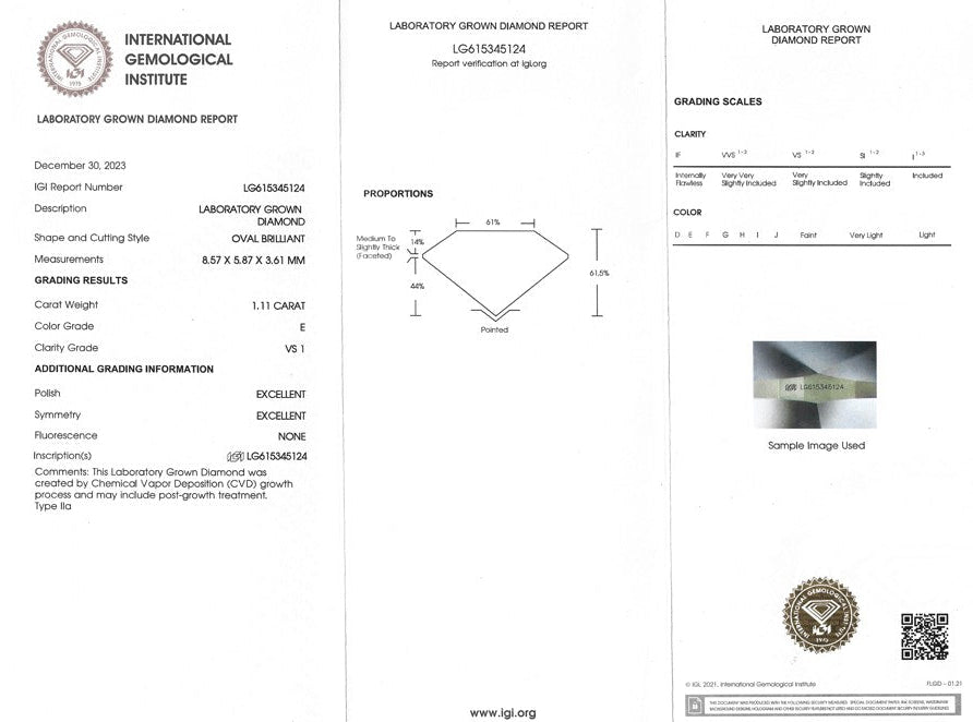 Certified Lab Grown Diamond, 1.11ct, Oval, E, VS1