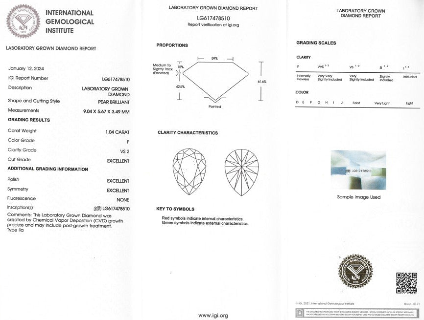 Certified Lab Grown Diamond, 1.04ct, F, VS2, Pear Shape