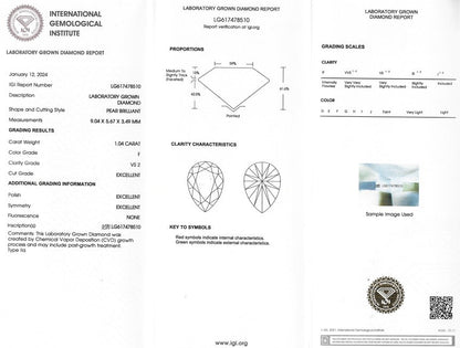 Certified Lab Grown Diamond, 1.04ct, F, VS2, Pear Shape