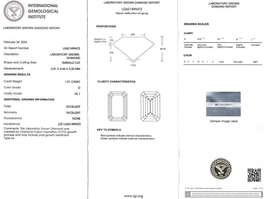Certified Lab Grown Diamonds, 1.01ct, D, VS1, Emerald Cut