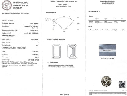 Certified Lab Grown Diamonds, 1.01ct, D, VS1, Emerald Cut