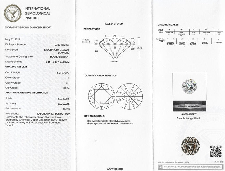 Certified Lab Grown Diamond, 1.01ct, D, SI1, Round