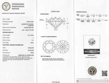 Certified Lab Grown Diamond, 1.01ct, D, SI1, Round