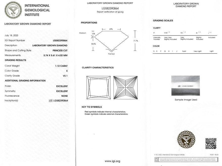 Certified Lab Grown Diamond, 1.12ct, E, VS1, Princess Cut