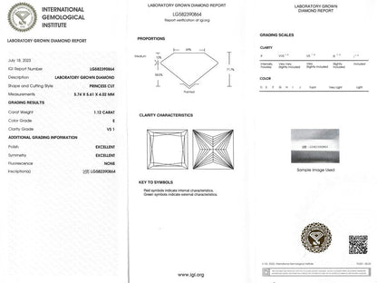 Certified Lab Grown Diamond, 1.12ct, E, VS1, Princess Cut
