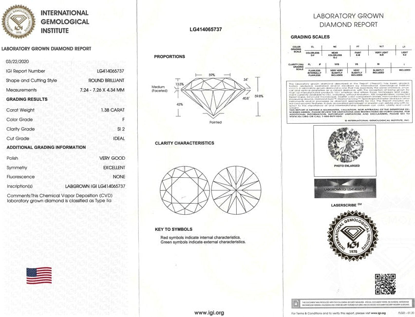 Certified Lab Grown Diamond, 1.38ct, F, SI2, Round, Ideal Cut