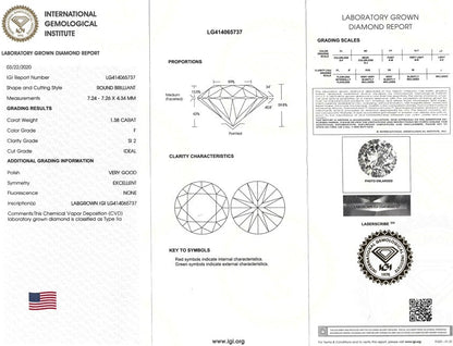 Certified Lab Grown Diamond, 1.38ct, F, SI2, Round, Ideal Cut