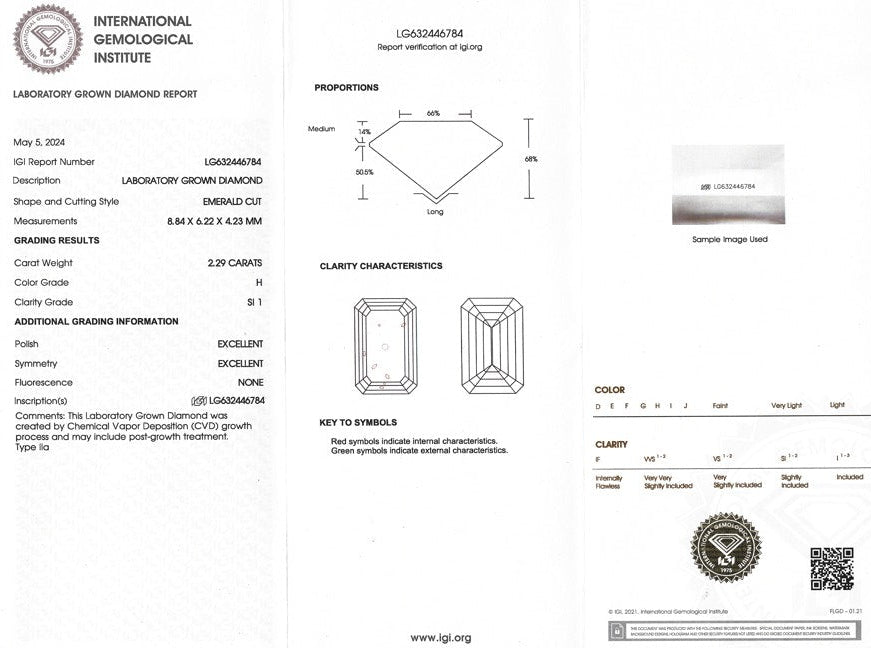 Certified Lab Grown Diamond, 2.29ct, H, SI1, Emerald Cut