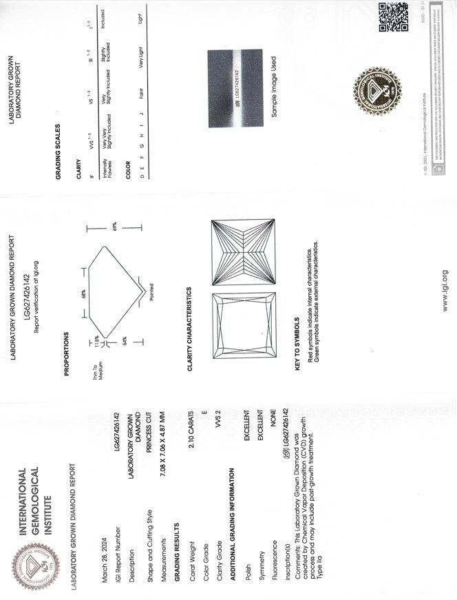 Certified Lab Grown Dimond, 2.10ct, E, VVS2, Princess Cut