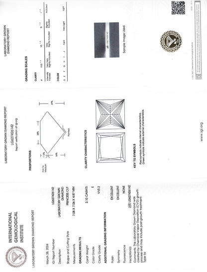 Certified Lab Grown Dimond, 2.10ct, E, VVS2, Princess Cut