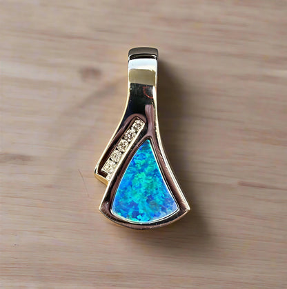 14k White Gold Boulder Opal & Diamond Pendant, Hand Cut