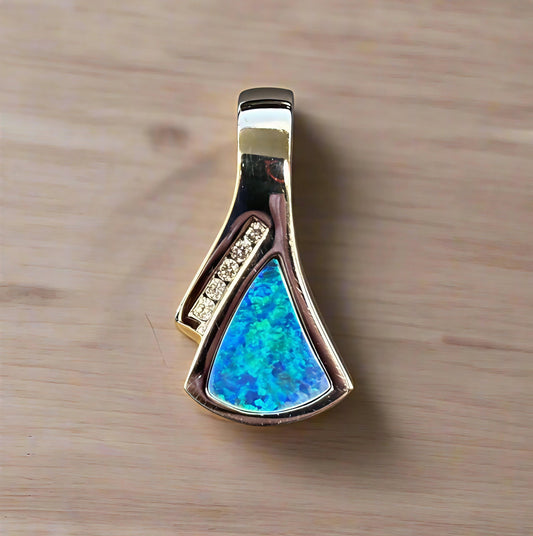 14k White Gold Boulder Opal & Diamond Pendant, Hand Cut