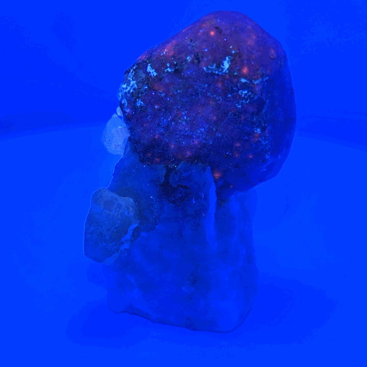 Fluorescent Hackmanite & Calcite on Quartz, Pakistan, 149.58gr