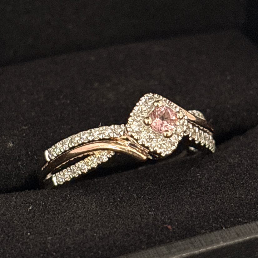 14k, 3mm Round Pink Tourmaline, Natural Diamond side stones 0.2 cttw, Size 7