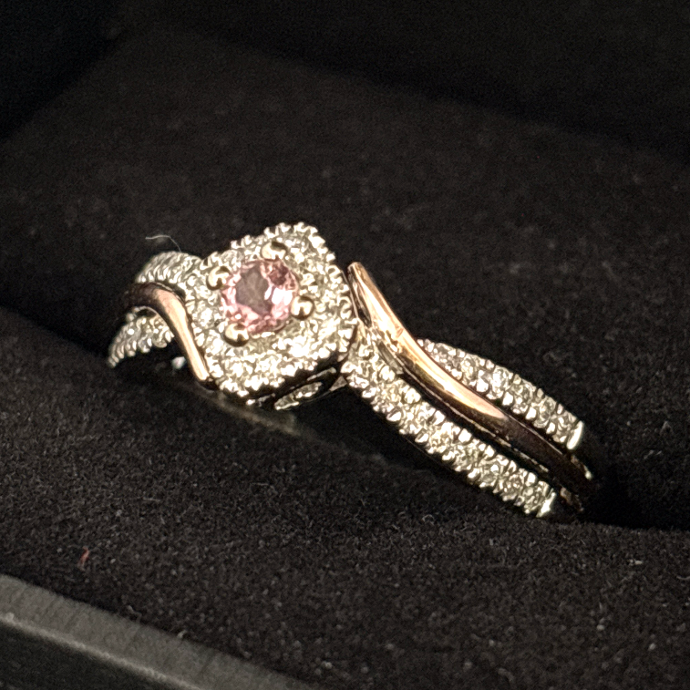 14k, 3mm Round Pink Tourmaline, Natural Diamond side stones 0.2 cttw, Size 7