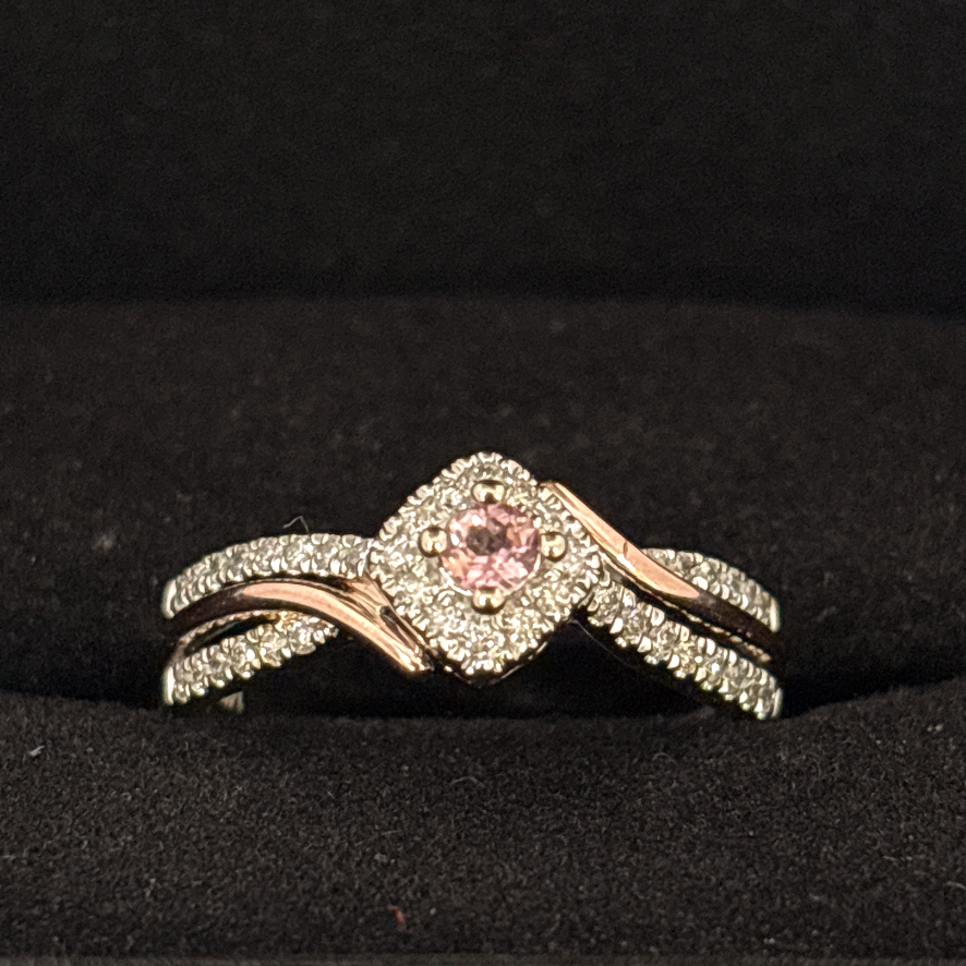 14k, 3mm Round Pink Tourmaline, Natural Diamond side stones 0.2 cttw, Size 7