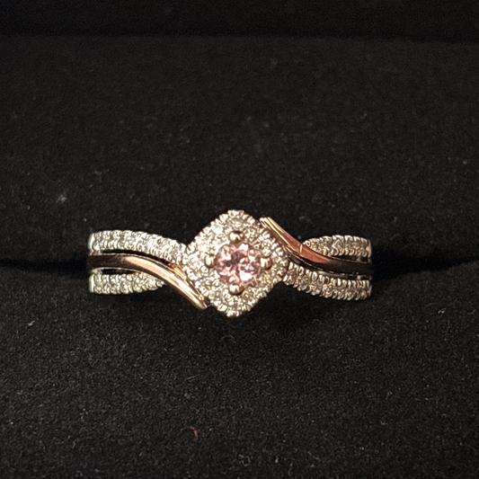 14k, 3mm Round Pink Tourmaline, Natural Diamond side stones 0.2 cttw, Size 7
